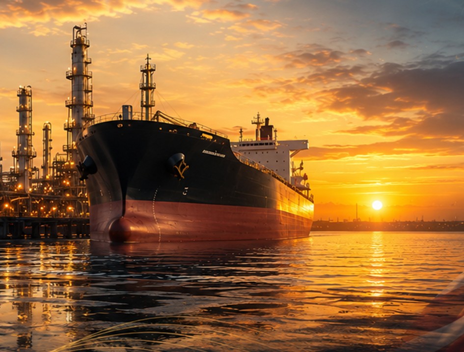 Oil tanker at port during sunset